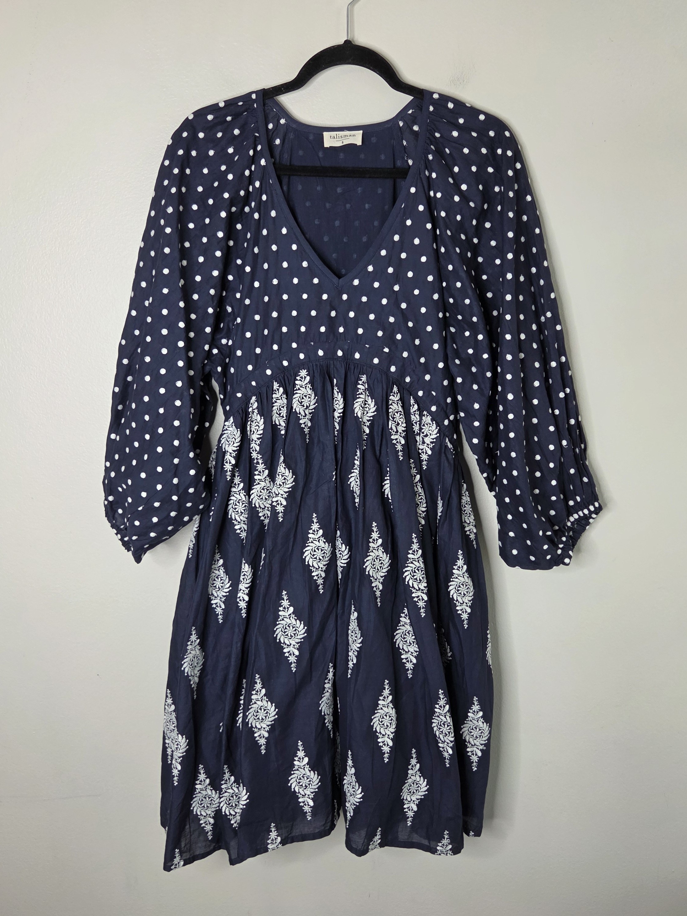 Talisman Gaia Dress Navy Embroidered V-Neck Full Sleeves 2-Pockets Midi Dress